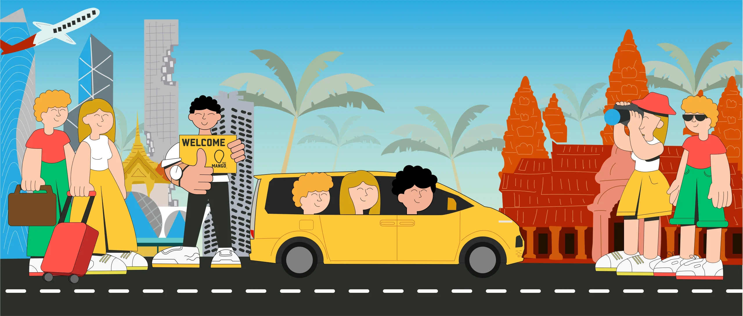 Illustration of a private taxi transfer from Bangkok to Siem Reap, showing travelers arriving in Thailand, a driver holding a welcome sign, and passengers enjoying a ride to Siem Reap Angkor Wat